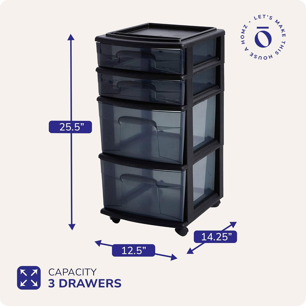 HOMZ Drawer Tower, 4-Tier Storage Cart with Removable Wheels, Black Frame