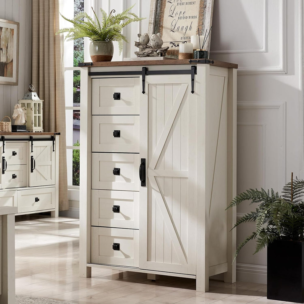 T4TREAM 5 Drawers Dresser with Sliding Barn Doors, Antique White