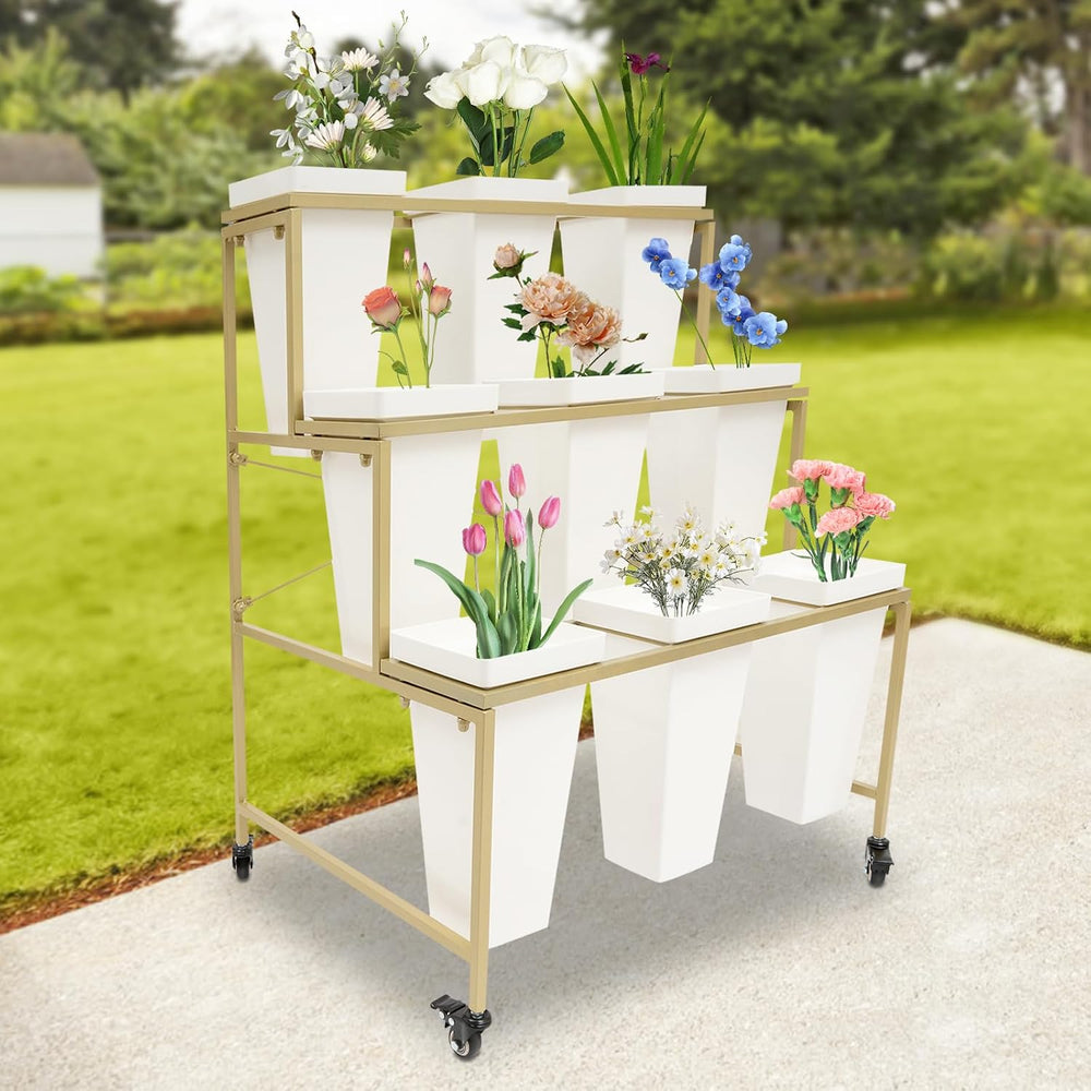 Flower Display Stand, Flower Stand Shelf w/Plastic Buckets & Moving Plant...