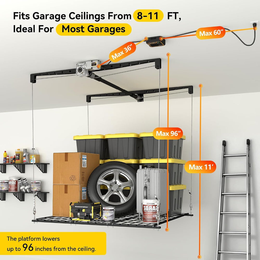 Motorized Overhead Garage Storage Rack with Remote Control, 4x4 FT Garage Cei...
