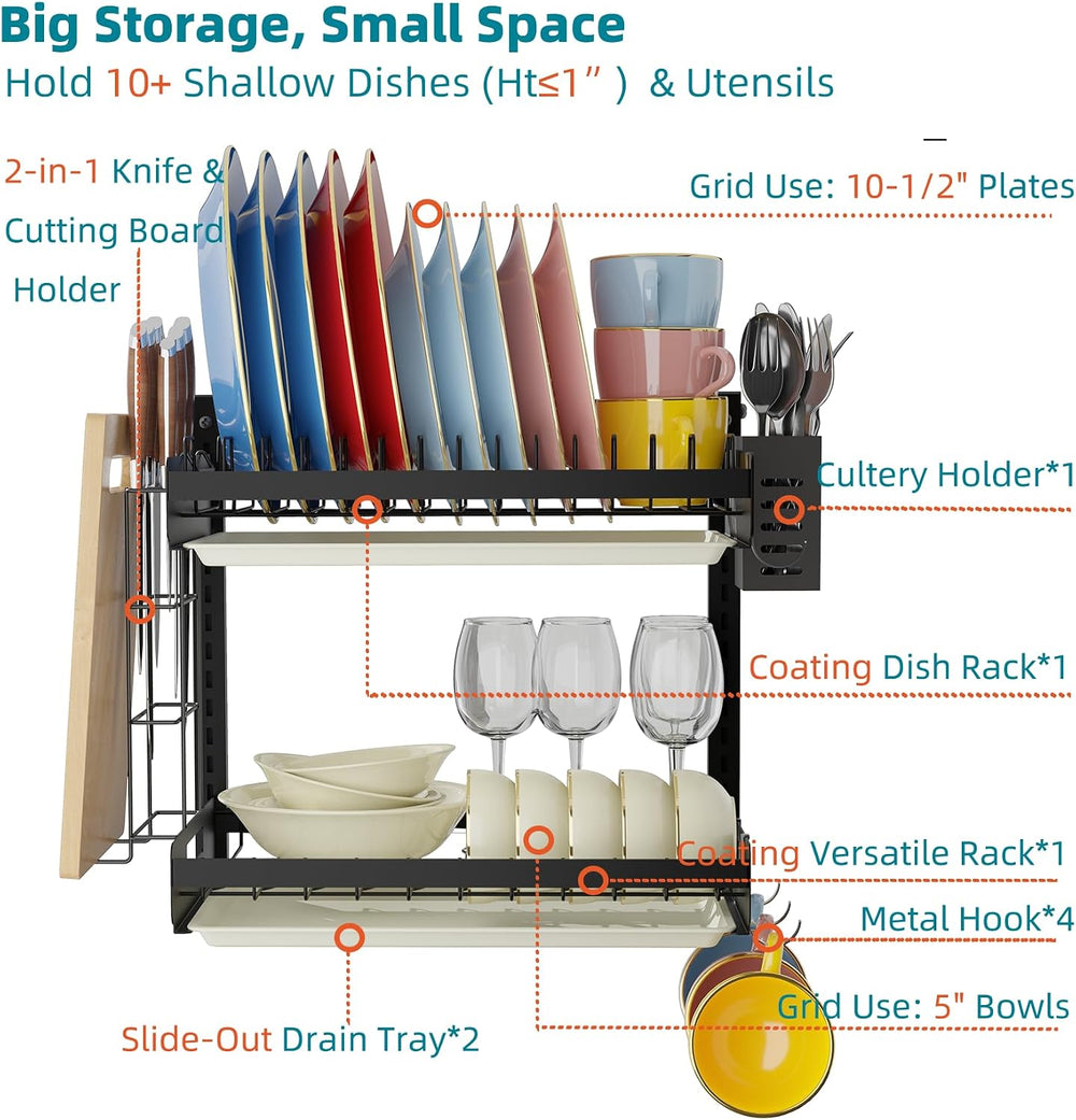 Hanging Wall Mounted Dish Drying Rack, Cutting Board Rack*1, Hook*4, Drain Tr...