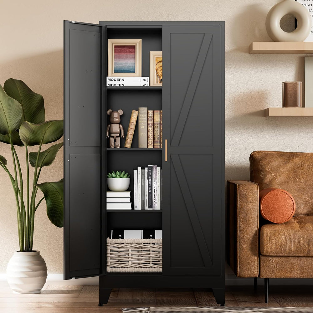 COFaR Black Farmhouse Storage Kitchen Pantry Cabinet with 2 Barn Door, 3 Adju...