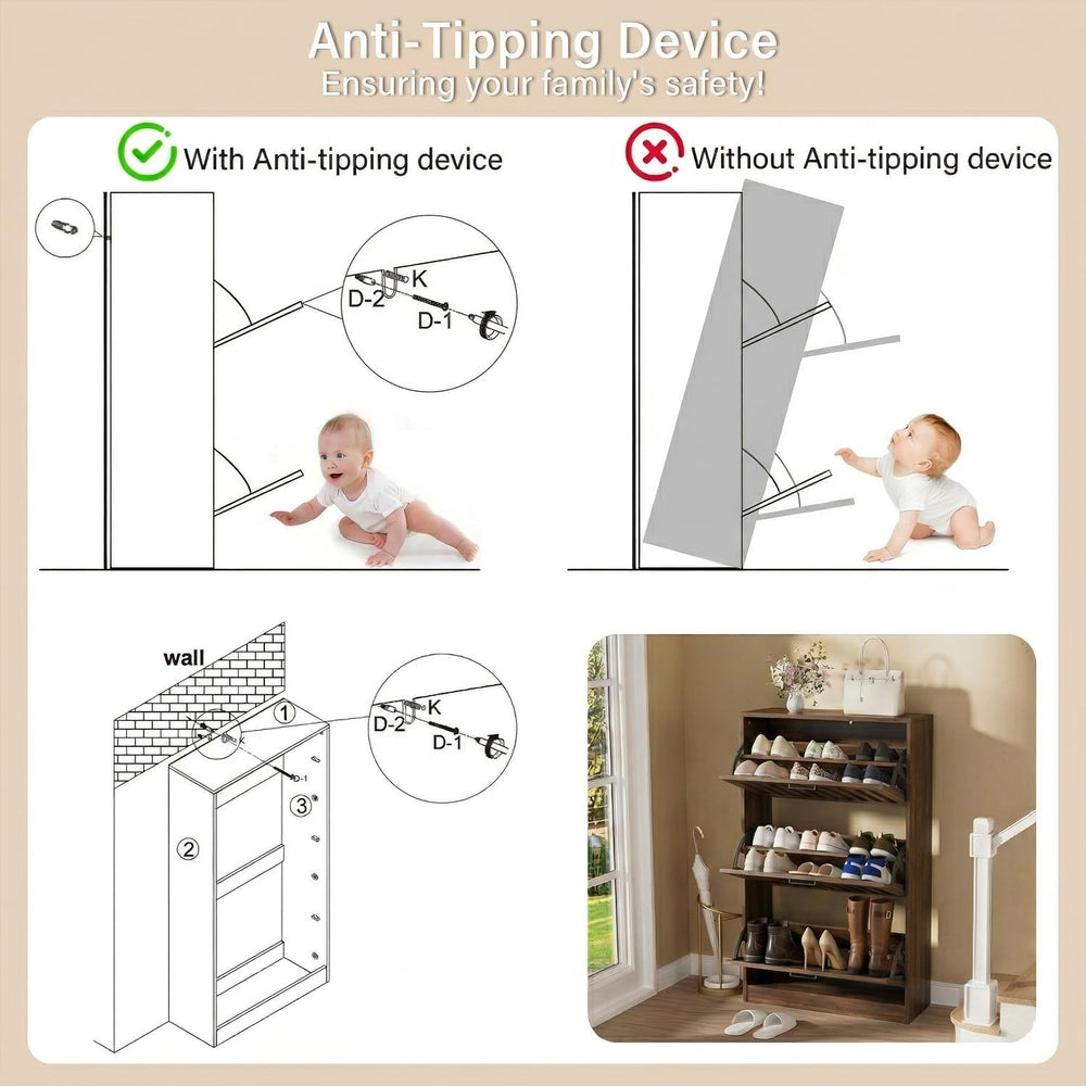 Shoe Storage Cabinet for Entryway Narrow Shoe Rack Cabinet 3 Flip Drawers