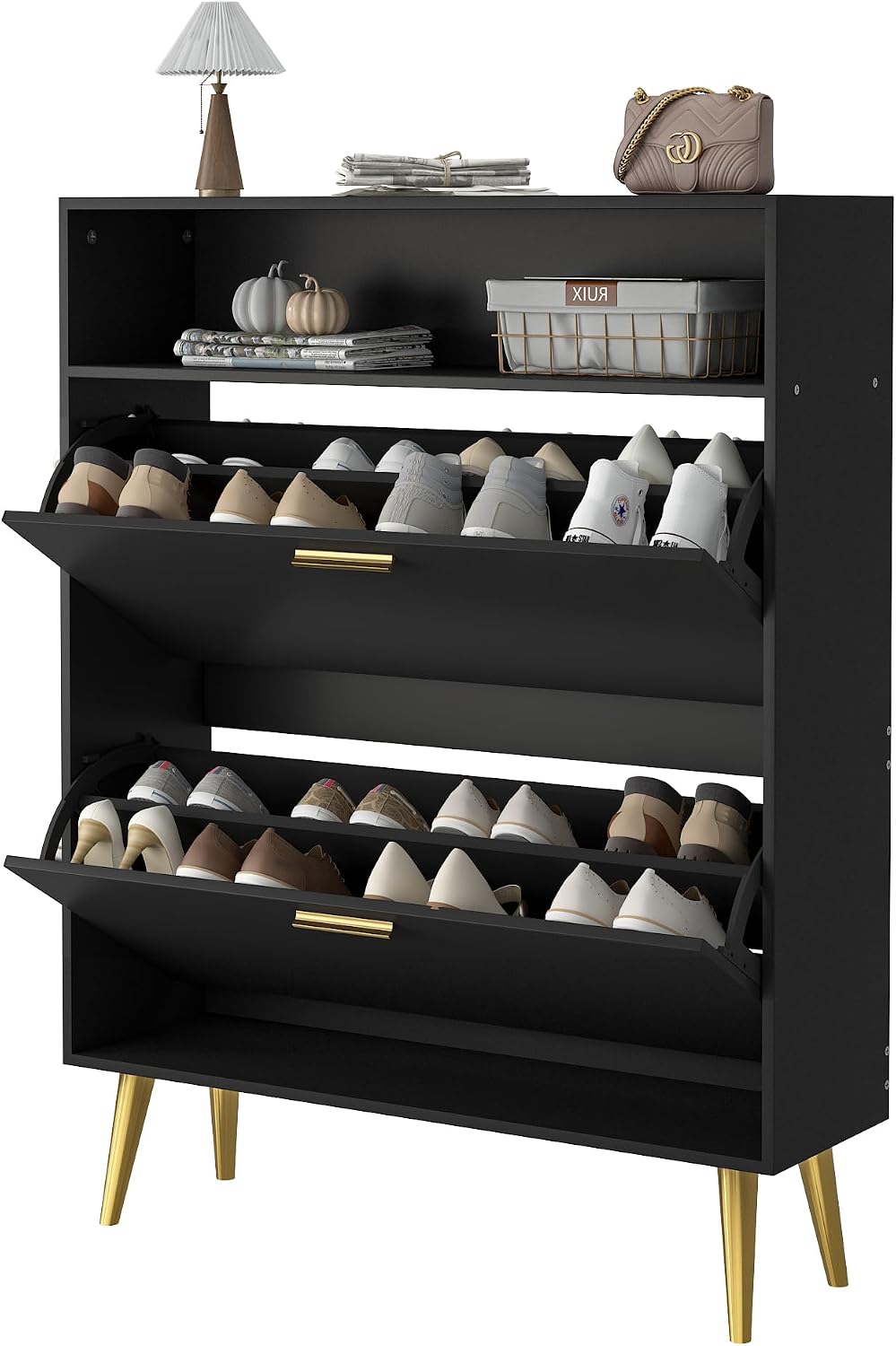 JOZZBY Shoe Storage Cabinet with 2 Flip Drawers and Open Shelves, Black丨Hidde...