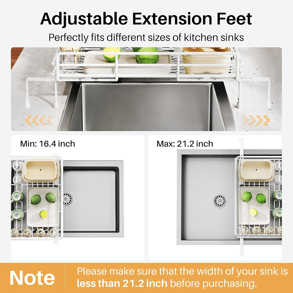 Expandable Dish Drying Rack for Kitchen Counter, Stainless Steel, White