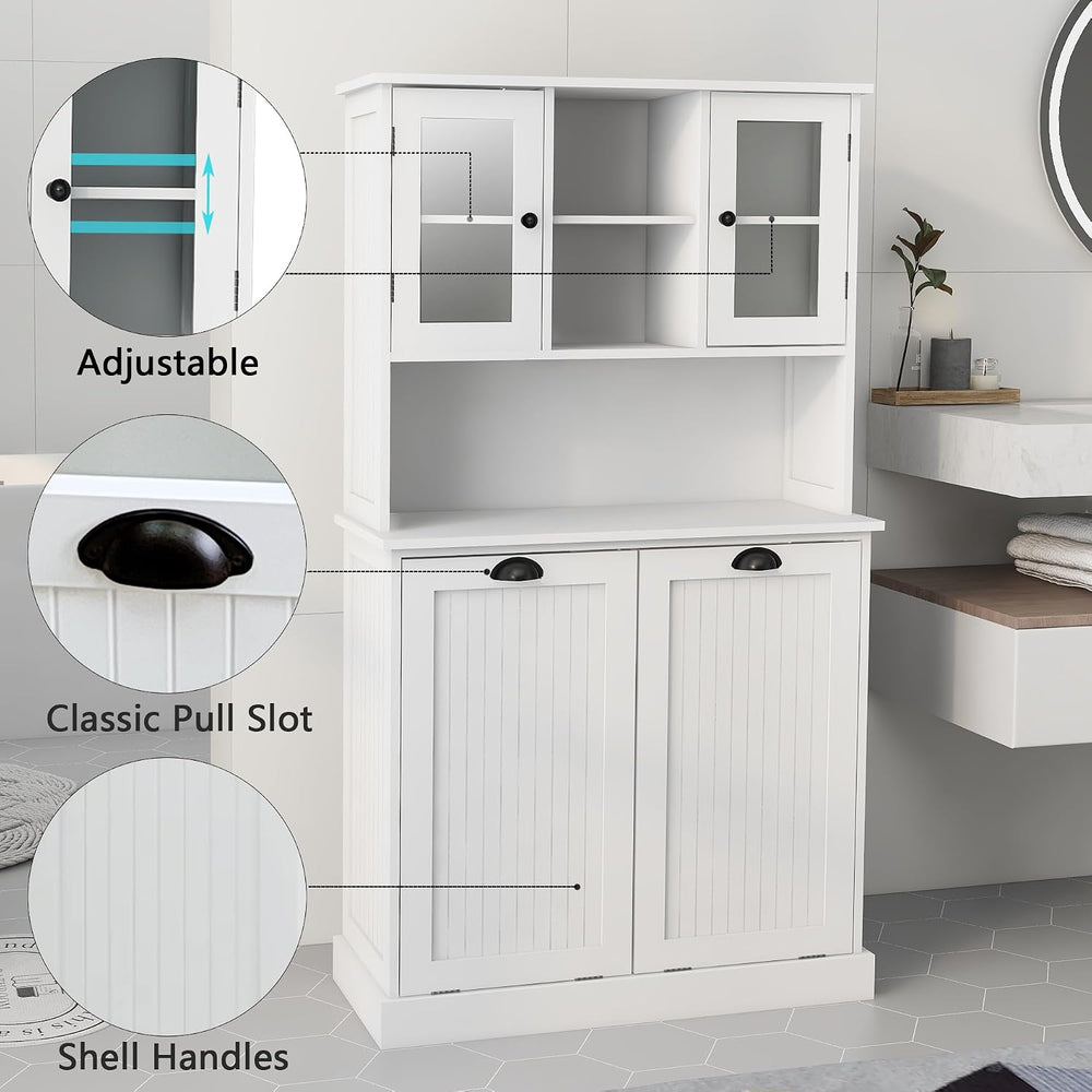 RASOO Tilt-Out Laundry Cabinet White Tall Bathroom Storage Cabinet Laundry Ha...