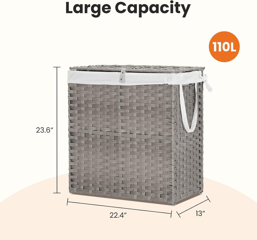 Laundry Basket with Lid, 110 L Large Capacity Hamper, Rattan Laundry Basket w...