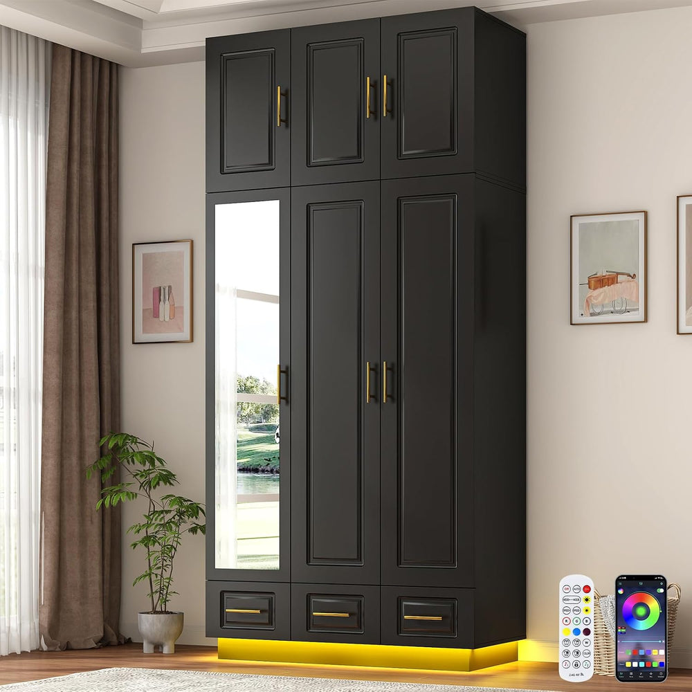 Hlivelood Large Armoire Wardrobe Closet Cabinet with Drawers and LED Lights, ...