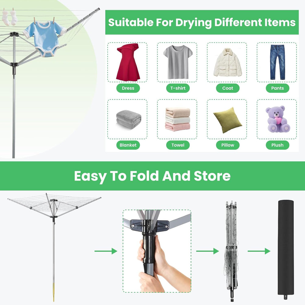 Outdoor Umbrella Drying Rack, 4-Aluminum Arms Folding Rotary Dryer with 12 Li...