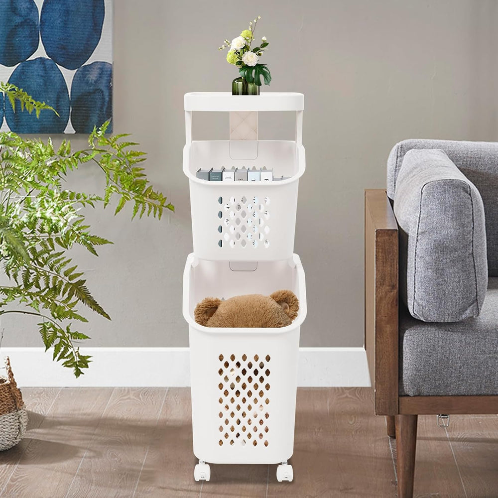 2 Tiers Rolling Laundry Hamper, White Plastic Laundry Basket Holder with Whee...