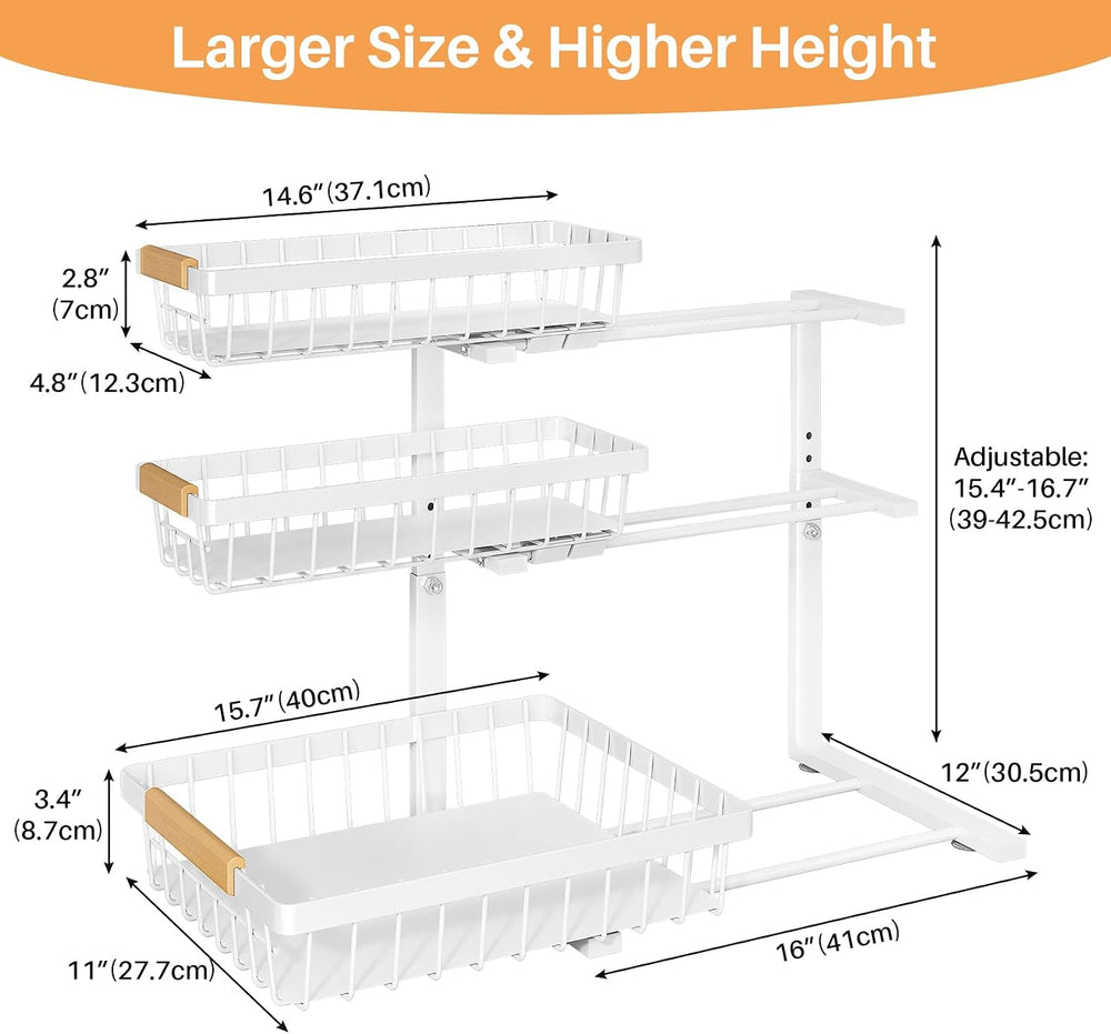 PXRACK Under Sink Organizer, 2-Pack 3-Tier Height Adjustable Thickened Metal ...