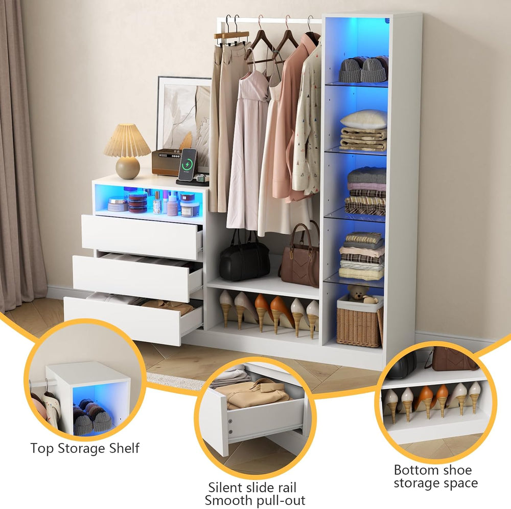 Dresser with Hanging Rack, 3 Drawers Dresser with Charging Station & LED