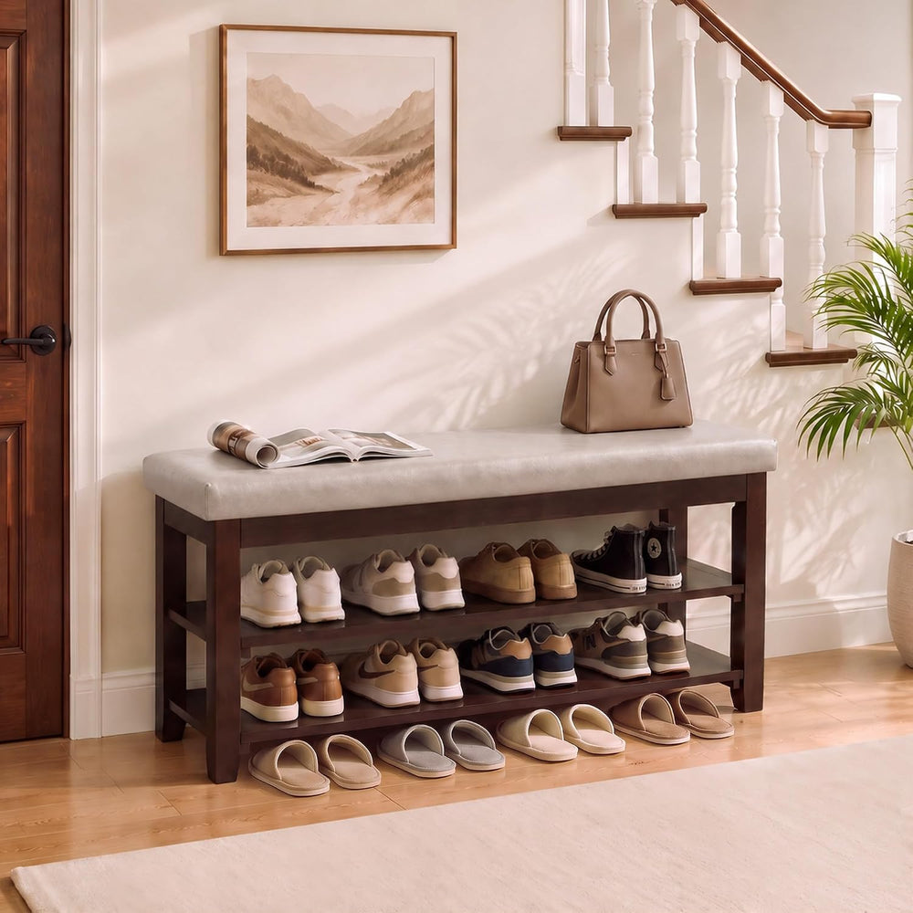 40" Solid Wood Shoe Storage Bench, 2 Tier Shoe Rack for Entryway, Grey