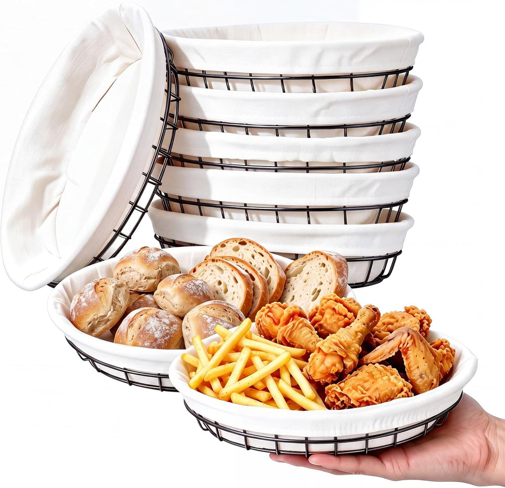 6 Pack Oval Metal Wire Baskets with Liner Cloth for Table Serving 9.5 x 6.2 x...