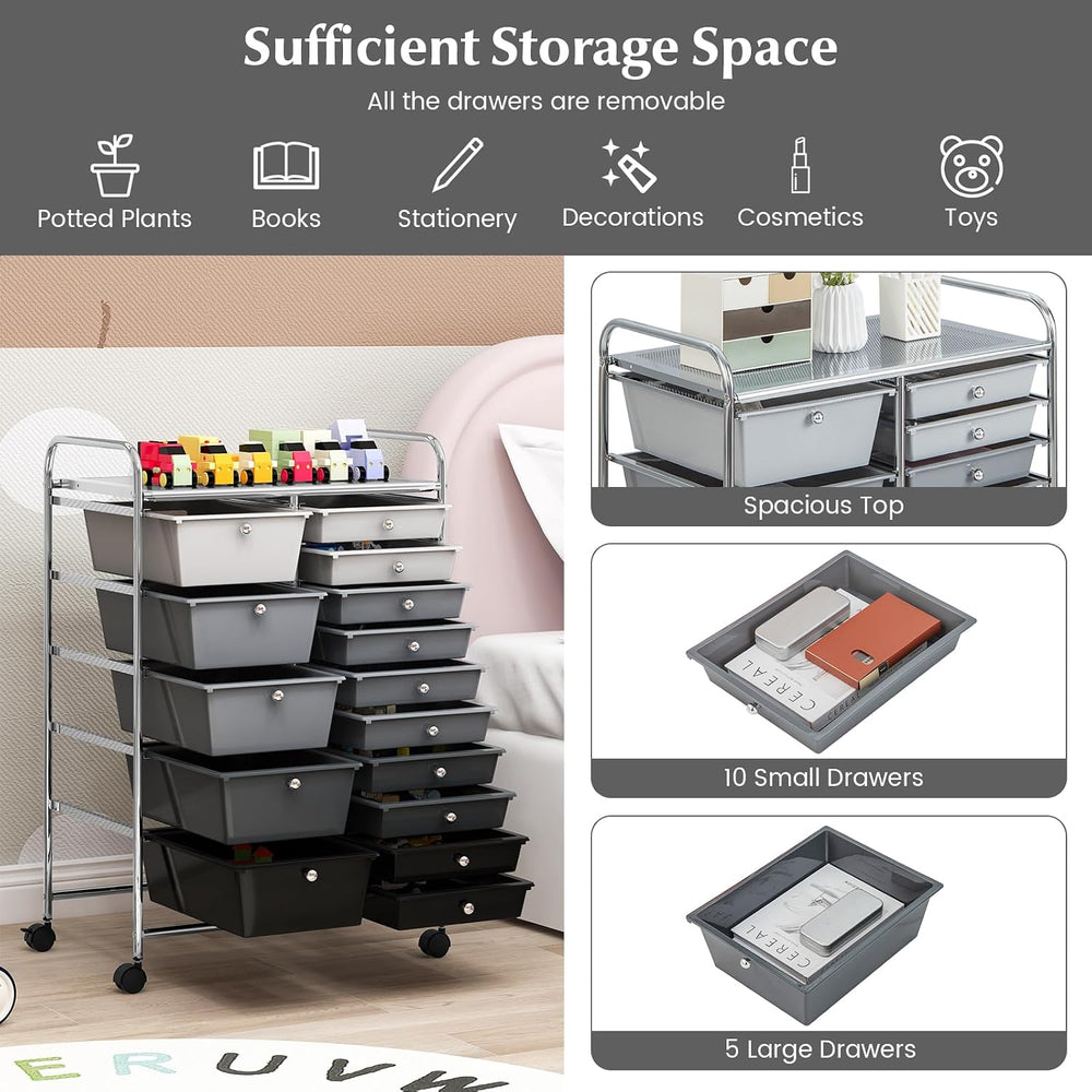 COSTWAY 15 Drawer Rolling Storage Cart, Mobile Storage Organizer