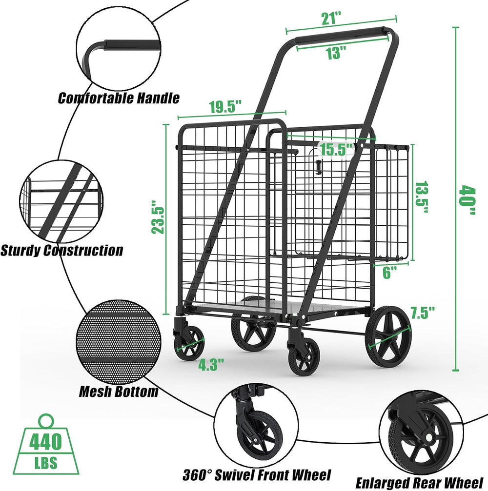 Heavy Duty Folding Shopping Cart with 360° Swivel Wheels, Super Jumbo