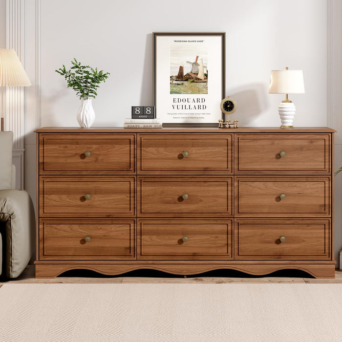 Chrangmay 9 Drawer Dresser,63" Wide Mid Century Chest of Drawers,Wooden Bedroom Drawer Dresser with 9 Storage Drawers for Bedroom,Living Room,with Anti-Tipping Device,Umber.