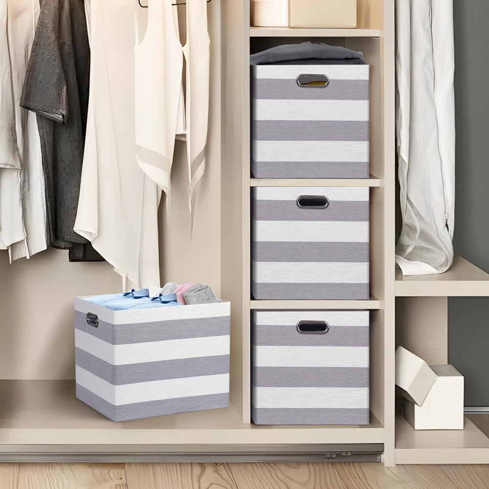 13 x 15 x 13 Inch Stripe Linen Storage Cube for Home Organizing, Pack of 4
