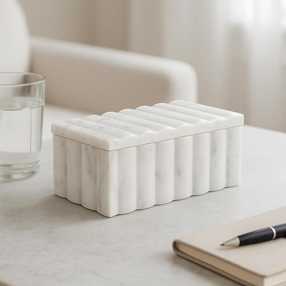 Marble Decorative Storage Box with Lid – Sculpted Fluted Home Organizer Keeps...