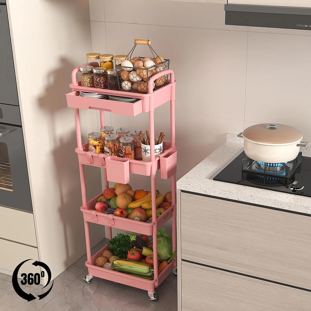 4 Tier Rolling Storage Cart with Drawer, Utility Carts with Wheels