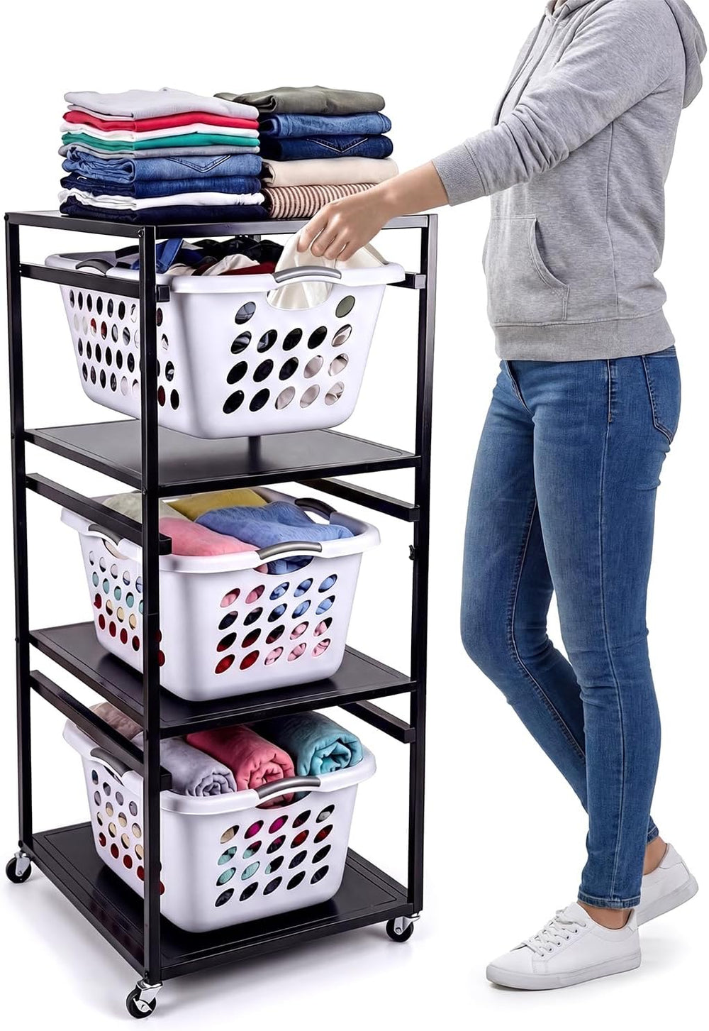 Laundry Basket Holder Shelf, 3-Tier Metal Laundry Basket Organizer with Wheel...