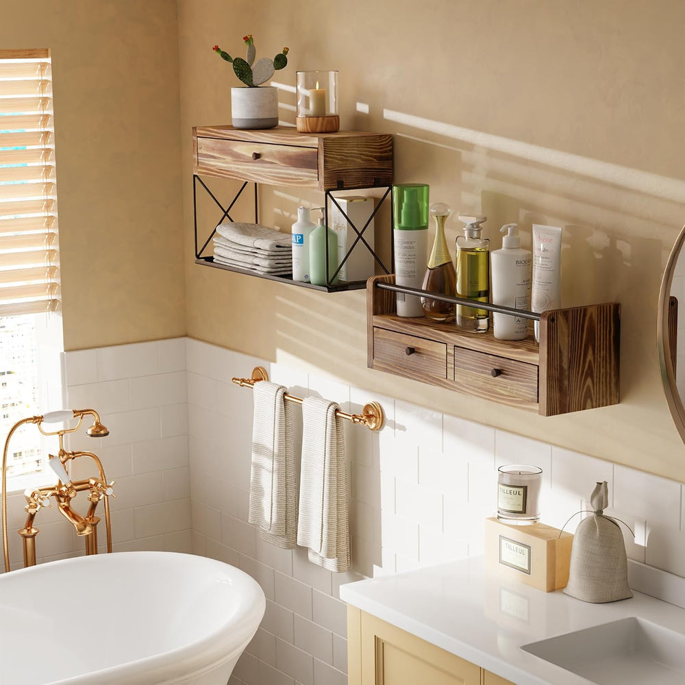 Floating Shelves with Drawer Set of 2, Wall Baskets, Bathroom Shelf with Prot...