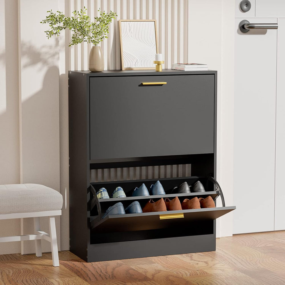 JOZZBY Shoe Cabinet Storage Set of 2 with 2 Flip Drawers, Black丨Slim Freestan...