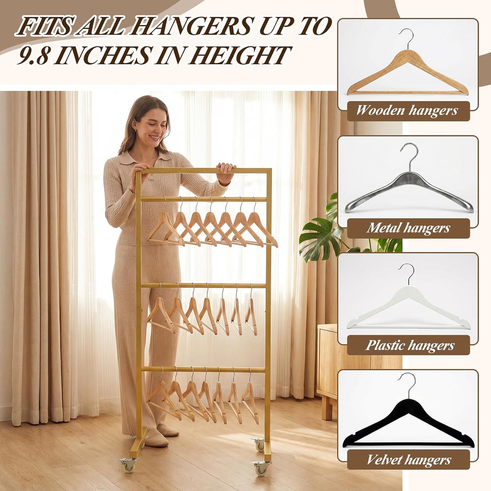 3-Tier Clothing Hanger Rack, 20x16x43 Gold Metal with Casters