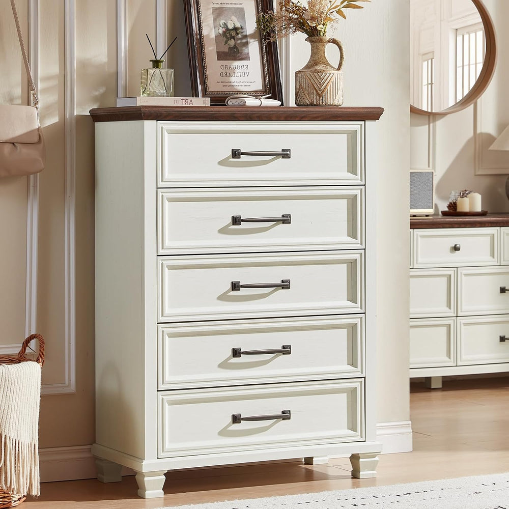 SAVOR LIFE Farmhouse 5 Drawer Dresser for Bedroom, White