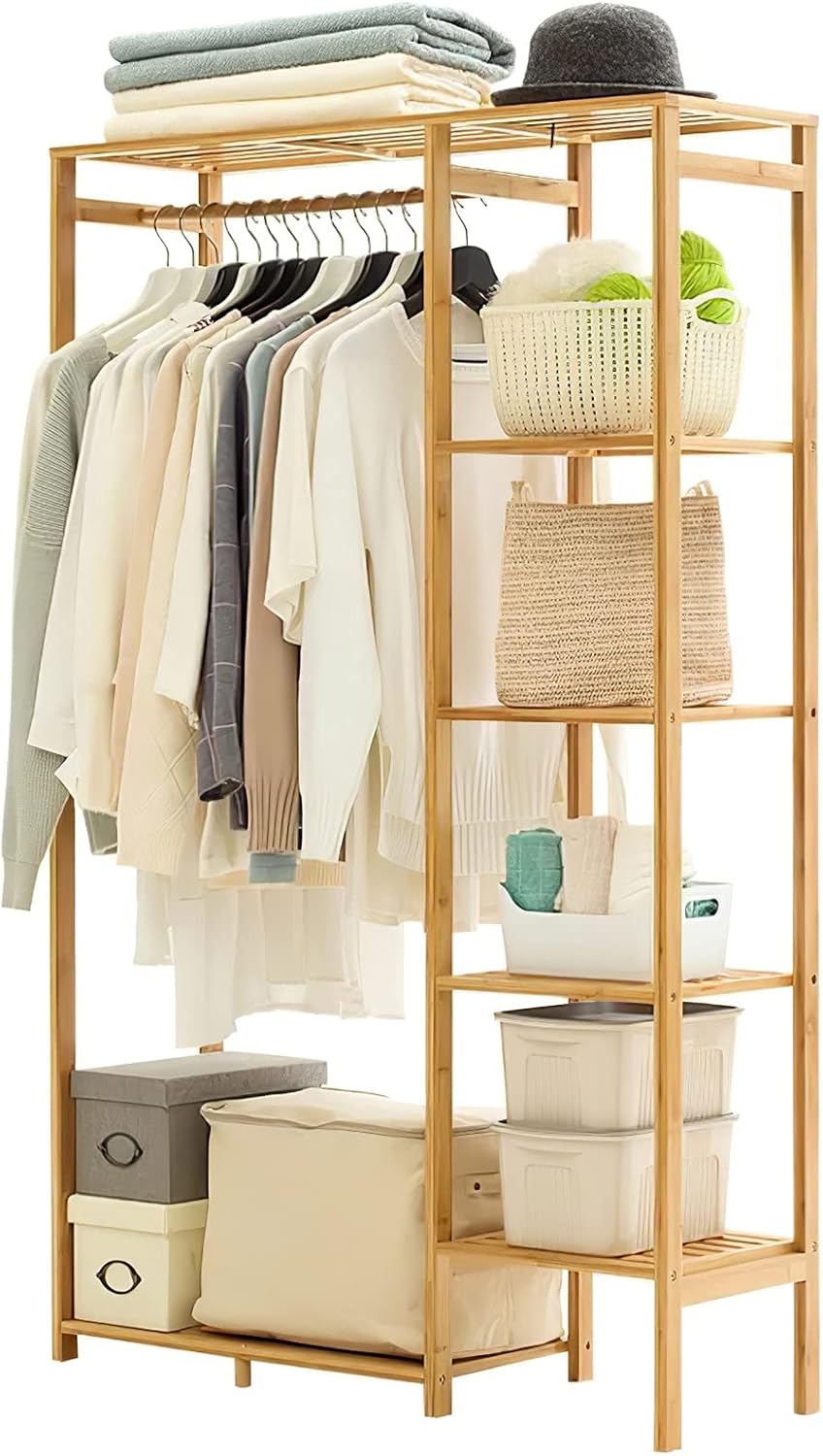 Jotsport Bamboo Clothing Rack with 6 Tier Storage Shelf & Hanging Rod