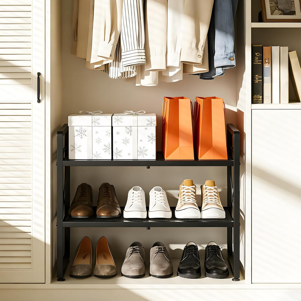 Expandable Shoe Rack for Closet, 4-Tier Metal Black Shoe Organizer