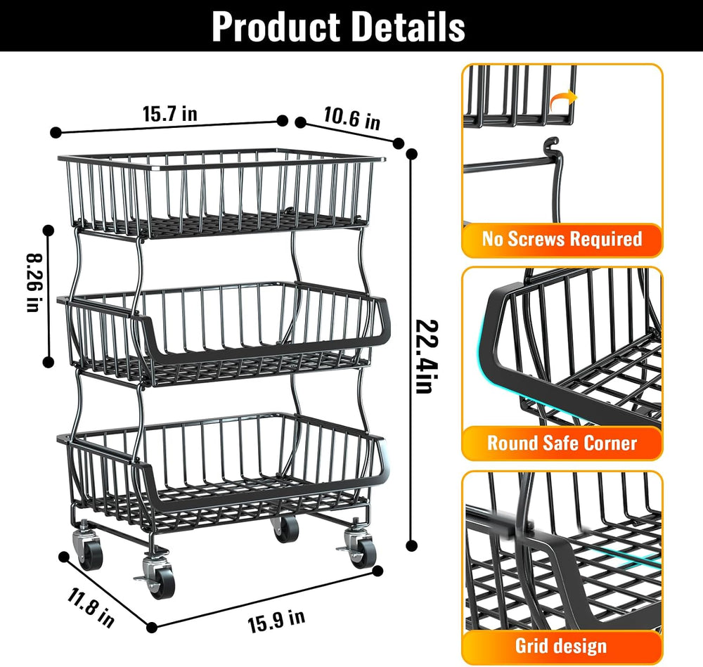 Gsiekare 3-Tier Rolling Pantry Organizer and Storage Cart with Wheels