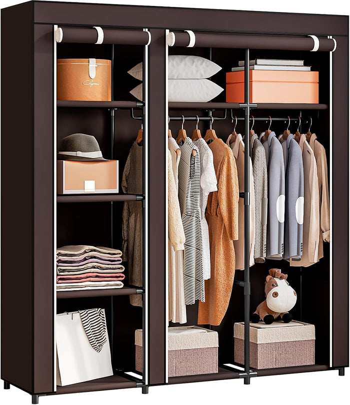SORCEDAS Portable Closet Wardrobe with Hanging Rods Shelves Clothes Storage