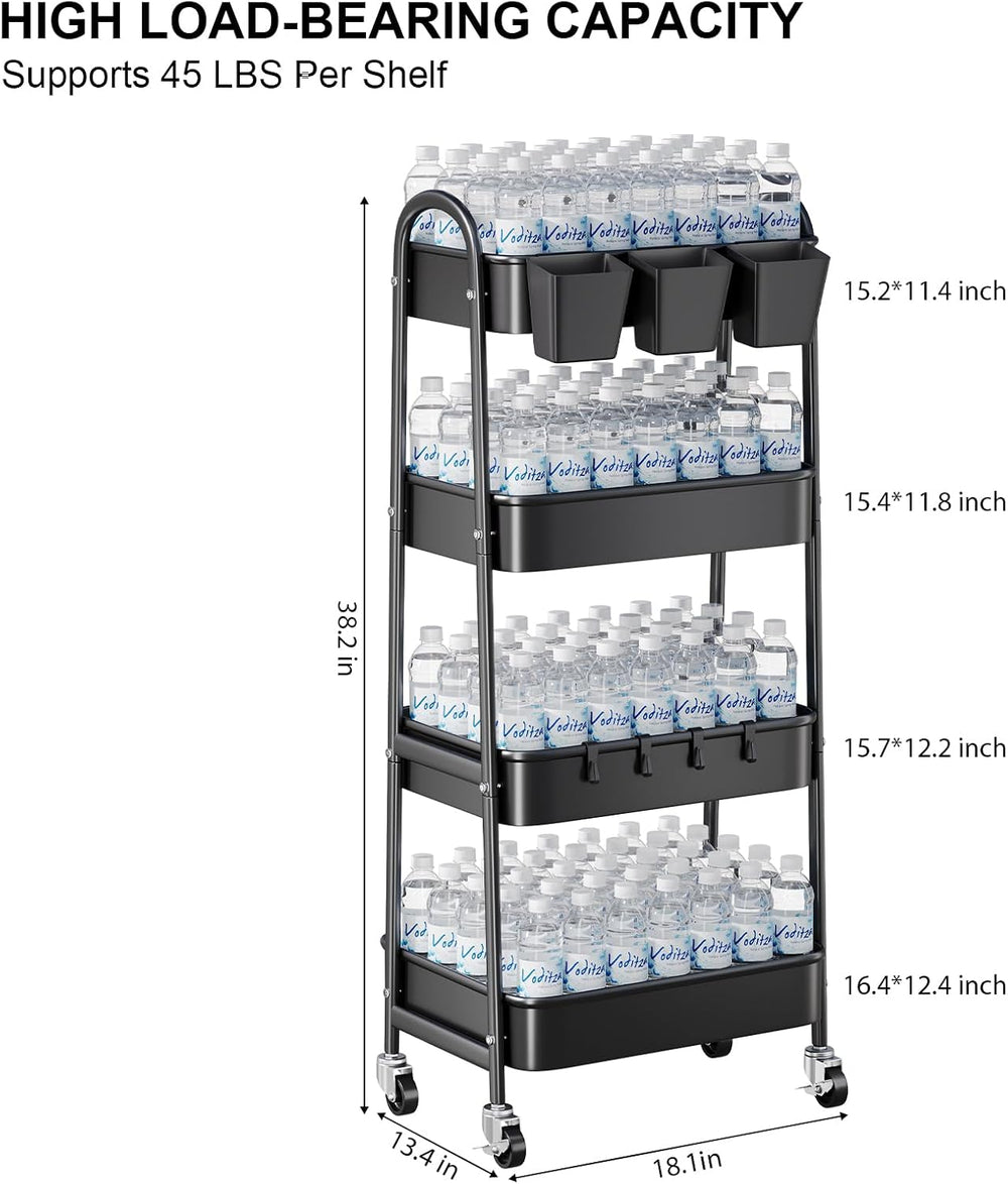 Black 4 Tier Rolling Cart Metal with Lockable Wheels,Four Tiered Dorm Carts