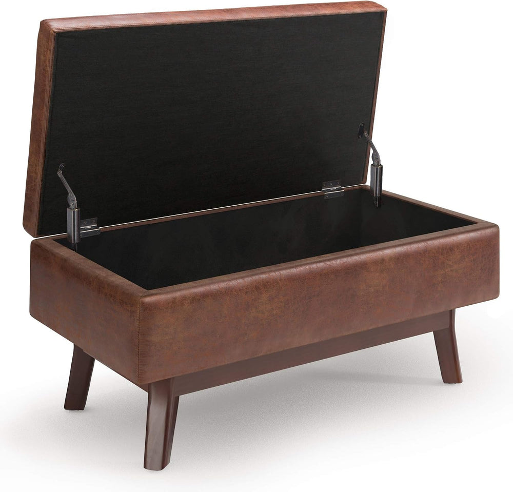 SIMPLIHOME Owen 36" Wide Vegan Leather Lift Top Ottoman in Saddle Brown