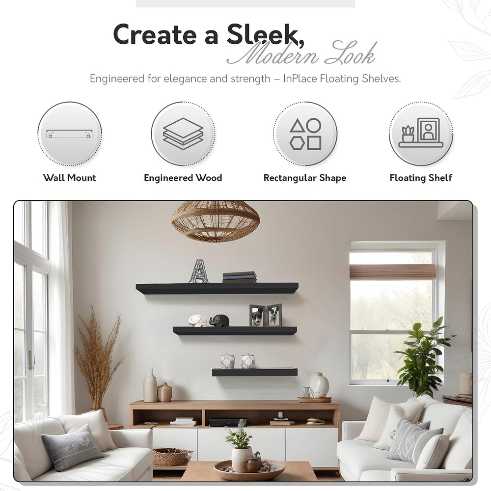 InPlace Invisible Brackets Shelf with Edge - MDF Floating Shelves for Wall wi...