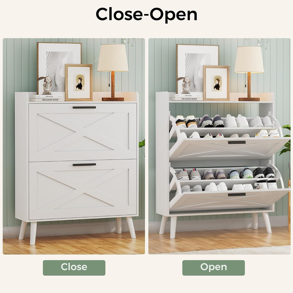 Homleke Farmhouse Shoe Storage Cabinet with Flip Drawers & Barn Door Design