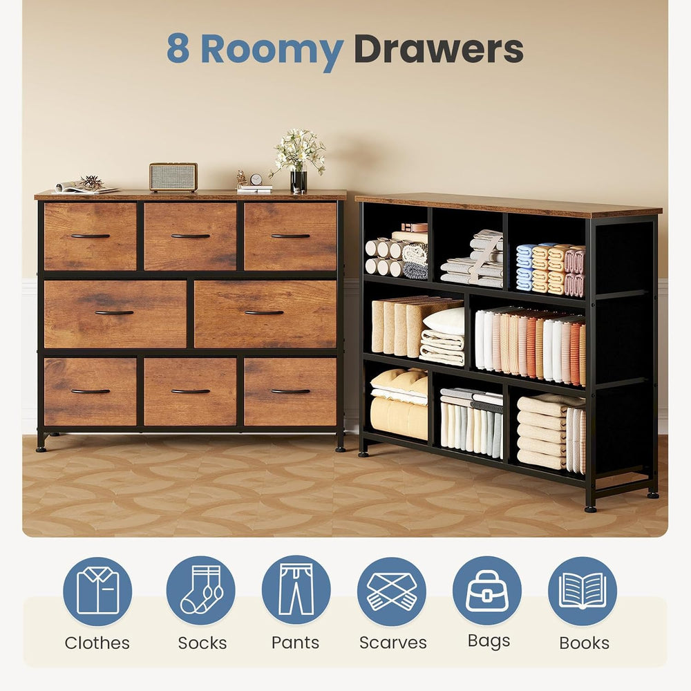 DUMOS Wide Dresser with 8 Fabric Drawers and Wood Top, Chest, Brown