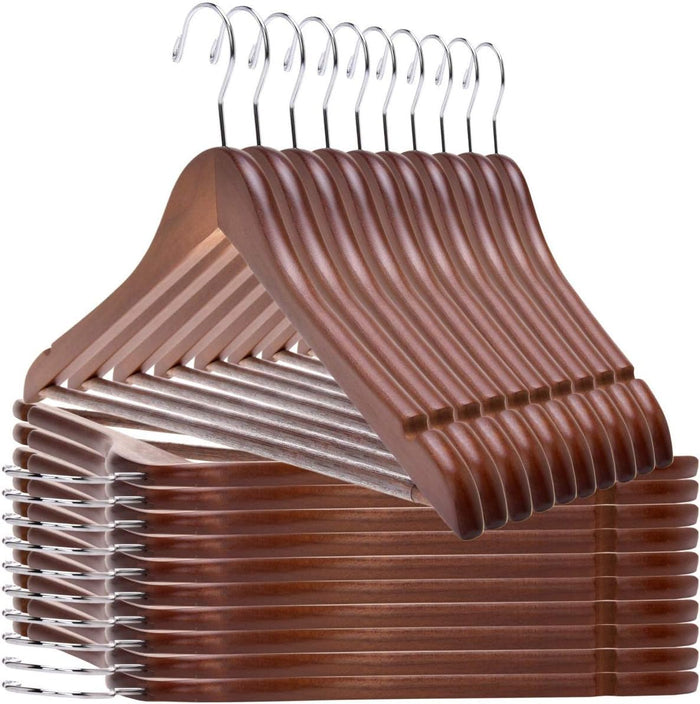 Quality Wooden Hangers - Slightly Curved Hanger 80 Pack Sets - Solid Wood Coat Hangers with Stylish Chrome Hooks - Heavy-Duty Clothes, Jacket, Shirt, Pants, Suit Hangers Walnut - Chrome Hook