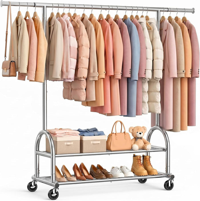 EAGMAK Rolling Clothes Rack Heavy Duty Clothing Rack with 2 Shelves, Silver
