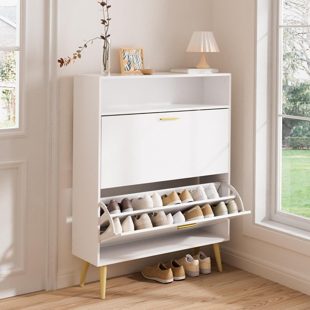 LYNSOM Modern Entryway Shoe Cabinet with 2 Flip Drawers and Open Storage, Whi...