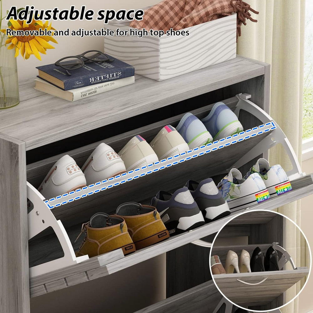 AGOTENI Shoe Cabinet, Grey Narrow Shoe Storage Cabinet with 3 Flip Doors &amp...