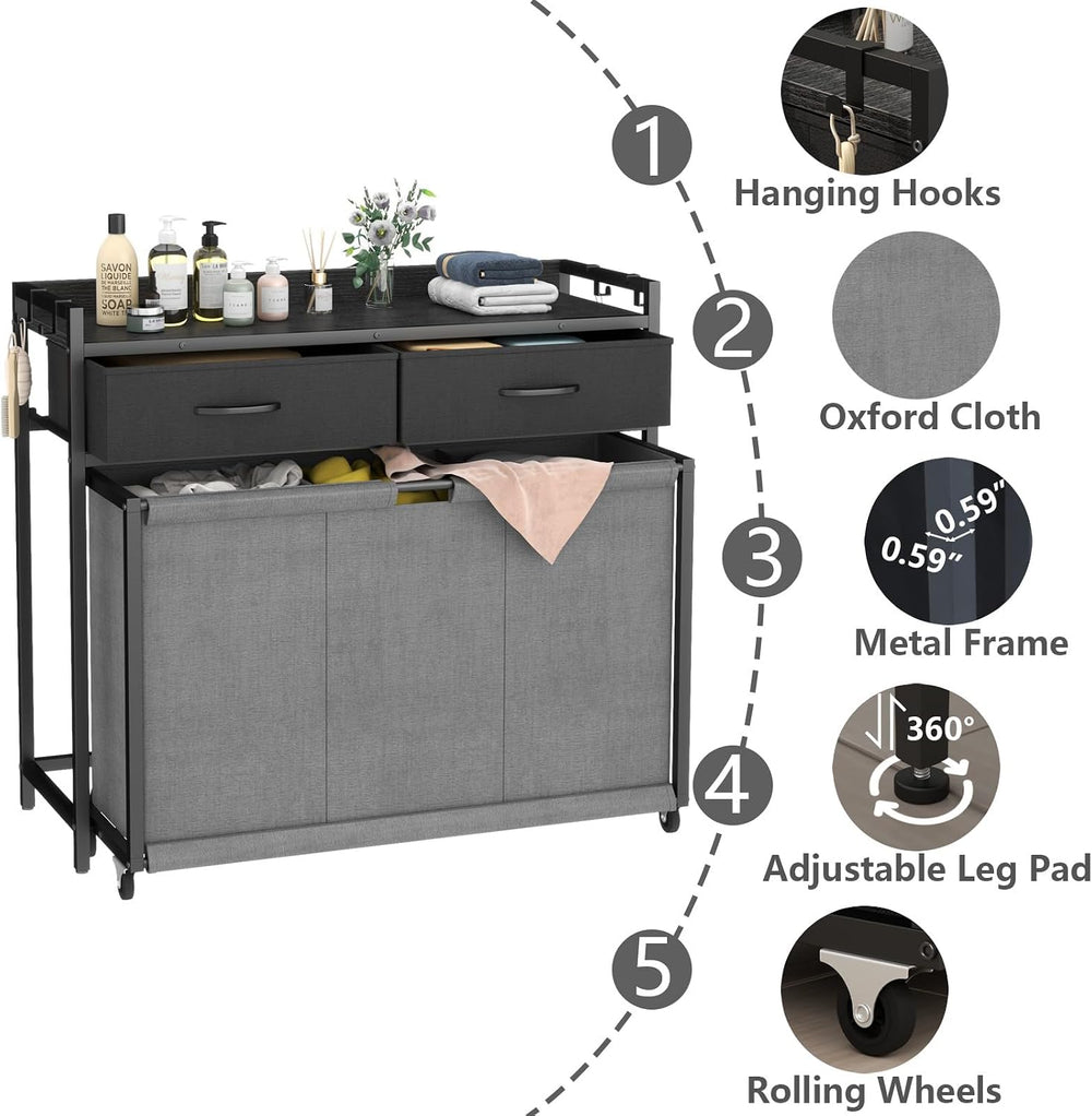 STIKELY Laundry Hamper Laundry Basket with 3 Section Pull-Out Rolling Bags, L...