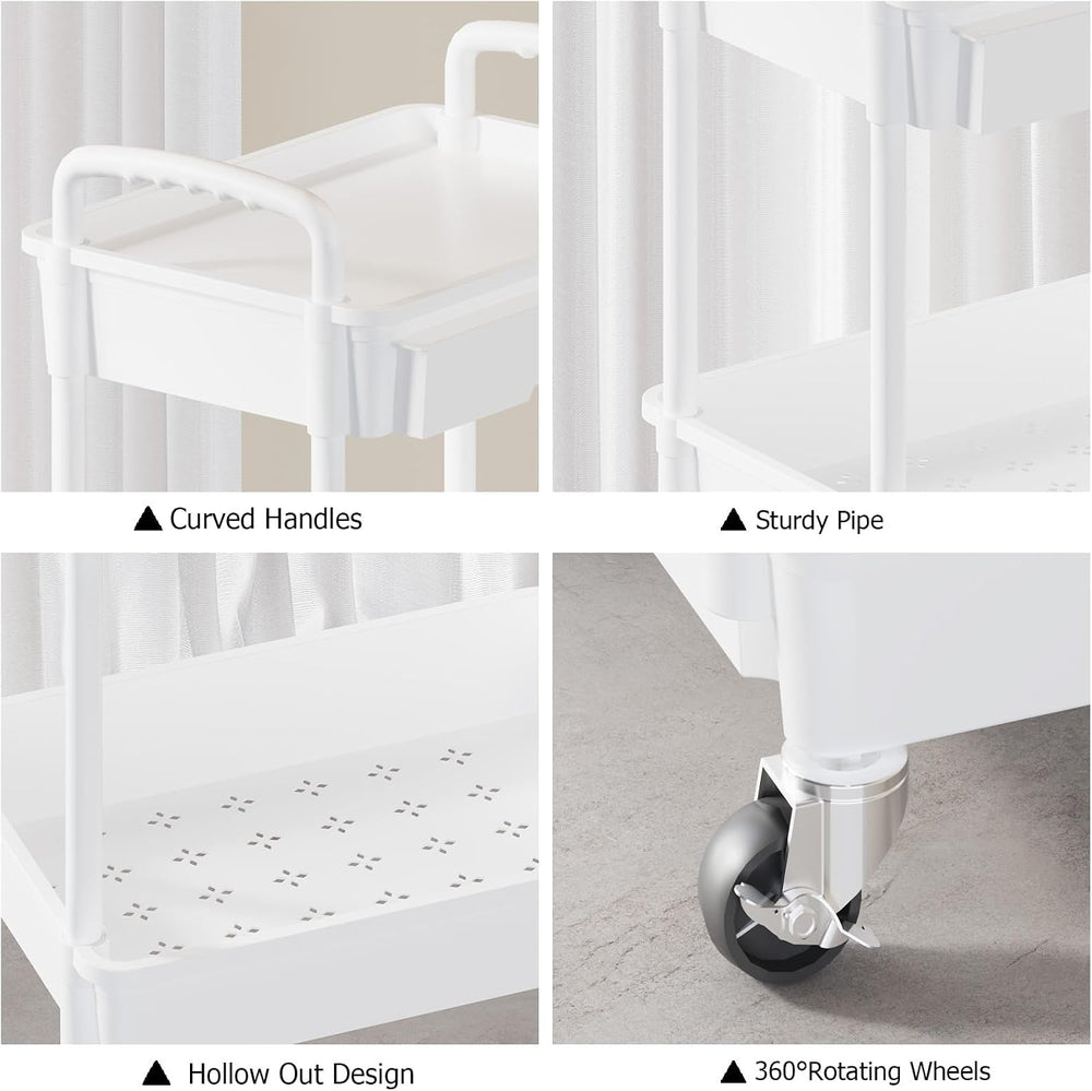 3 Tier Rolling Utility Cart with Drawer, Plastic Storage Organizer Rolling Ca...