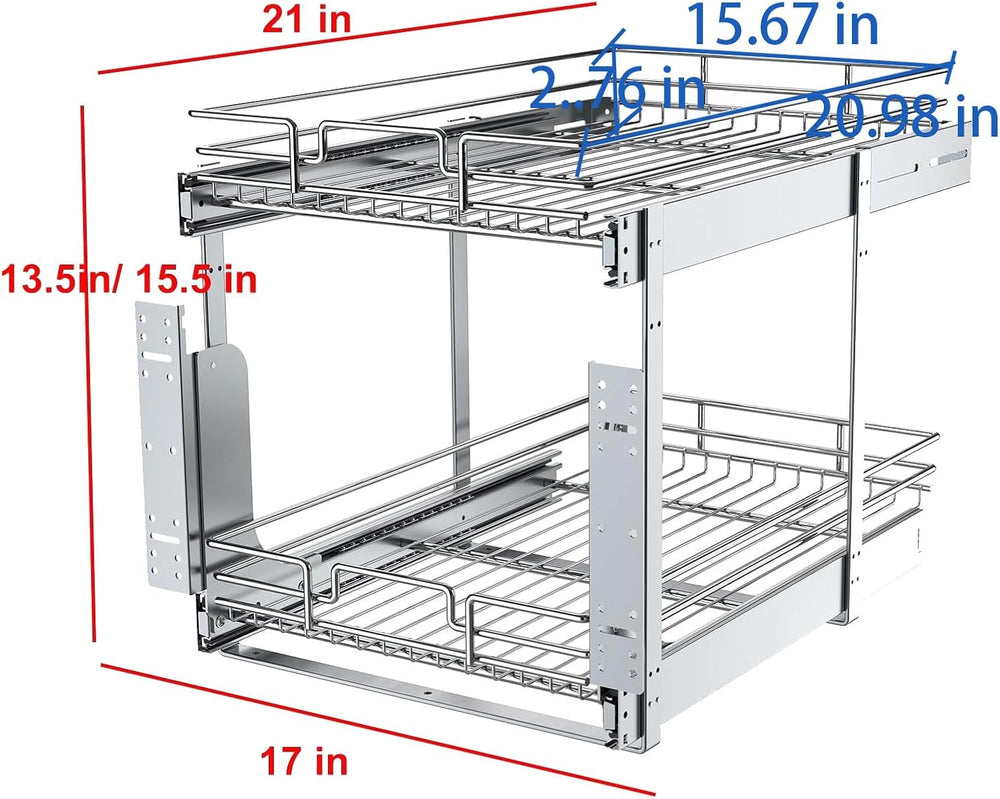 2 Tier Pull Out Cabinet Organizer, 17" W x 21" D Heavy-Duty Metal S...
