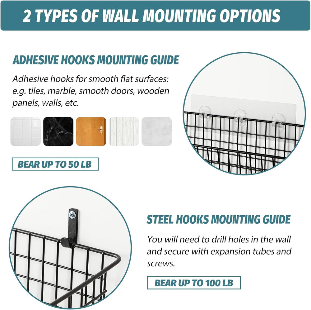 4 Set [EXTRA LARGE] Hanging Wall Mount Storage Baskets with Adhesive Hooks &a...