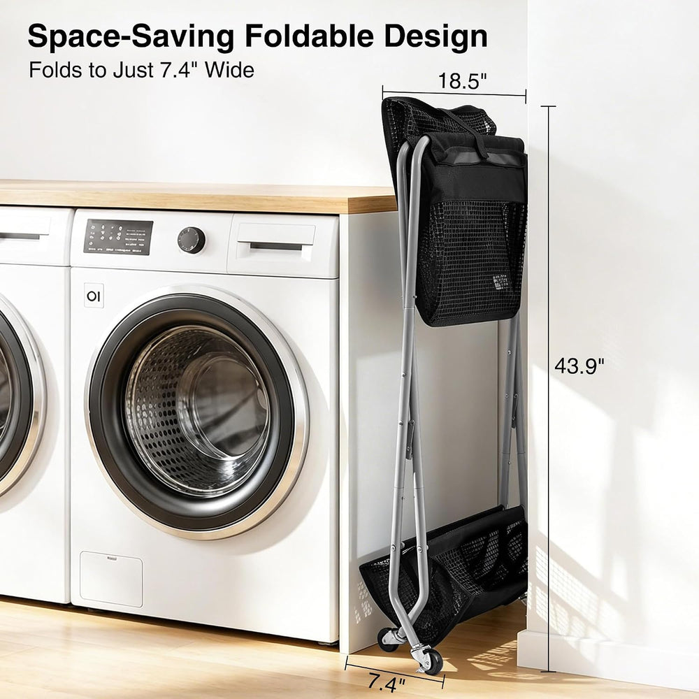 STO STO 2-Tier Foldable Laundry Cart with Wheels, 75L Tall Rolling Laundry Ha...