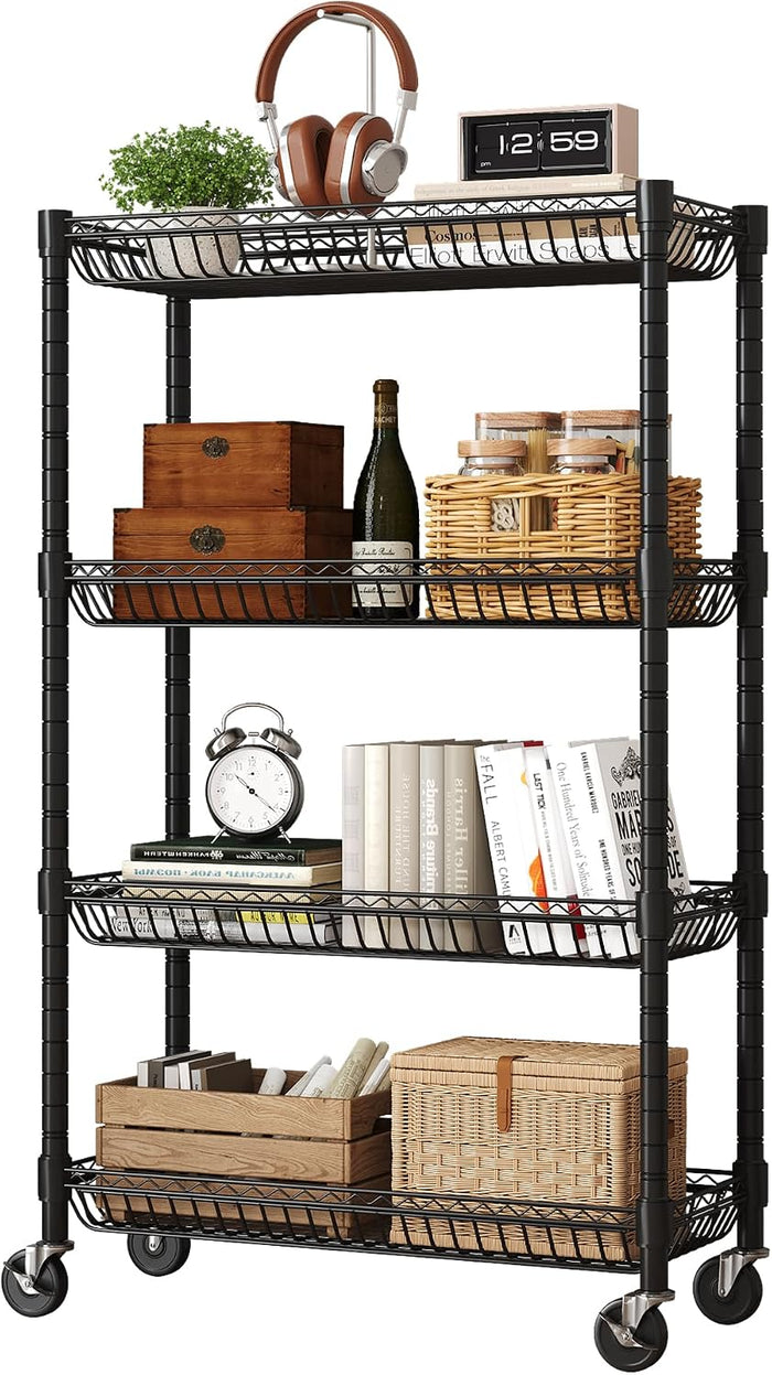 4-Tier Rolling Storage Shelves with Wire Baskets,30x13.5x44.5in