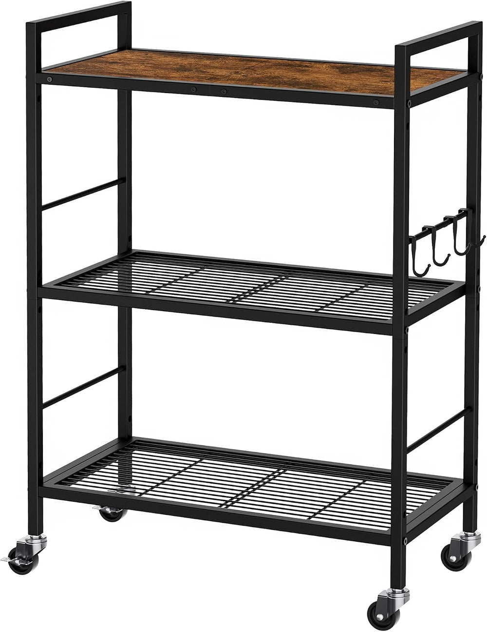 3-Tier Metal Storage Rack with Industrial Wheels,Mesh Shelving Unit with Wood...