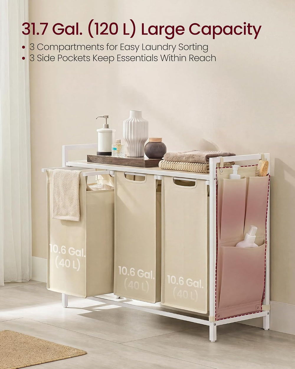 VASAGLE Laundry Hamper with Shelf, 3 Pull-Out Bags, 3 x 10.6 Gallons (40 L)